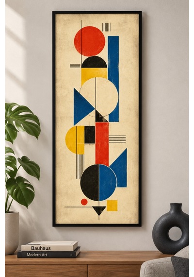 Bauhaus Geometrik Soyut Ahşap Tablo - Modernist Tasarım Siyah Çerçeveli 25x60 Cm