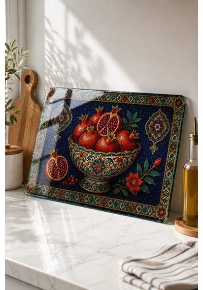 Gökçeoğlu Cam Kesme Tahtası Otantik Nar Motifi Temalı - Cam Kesme Tablası 30cm X 40cm Çok Renkli