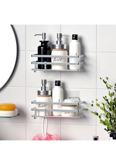 Banyo Düzenleyici Yapışkanlı Metal Banyo Rafı İkili Duş Rafı Organizer Şampuanlık Krom-gnrl281 Krom
