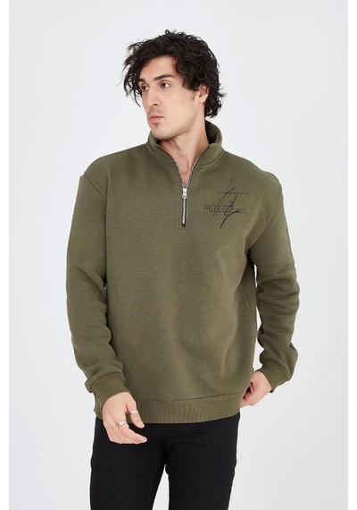Erkek Yarım Fermuarlı Baskılı Sweat - Yeşil Yeşil