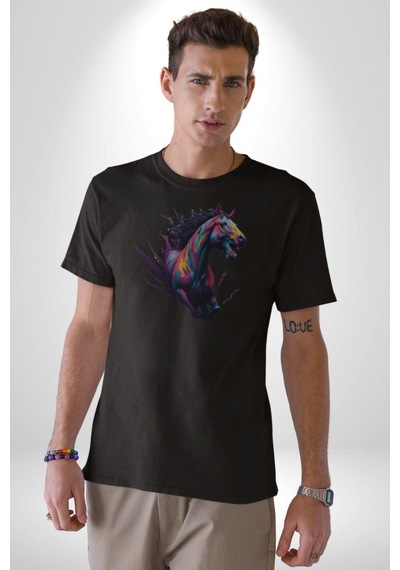 Renkli At Koşu Unisex Unisex Siyah Organik Baskılı T-shirt Penye Yüksek Kalite Siyah