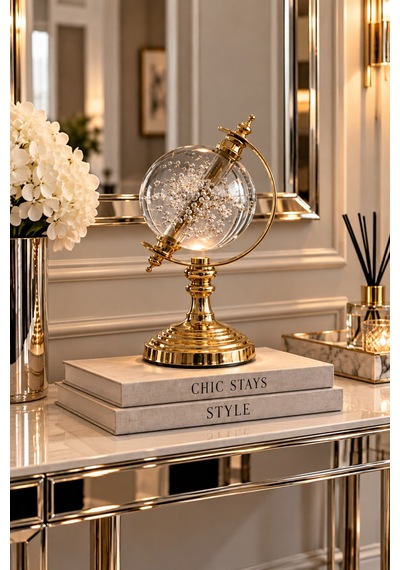 Sahra Modern Gold Ayaklı Dekoratif Cam Dünya Küre Obje Biblo 28cm Altın
