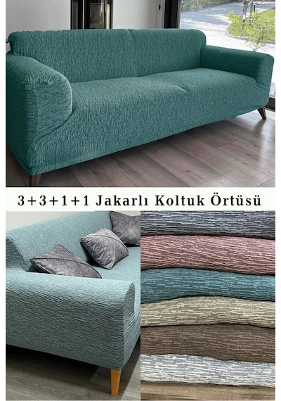 StartMall Jakarlı Çubuk Desen Koltuk Örtüsü 3+3+1+1 Takımı Lastikli Esnek Yıkanabilir Çekyat Kanepe Kılıfı Mint Yeşil