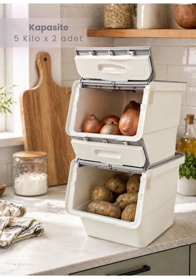 2 Li Gri Tekerlekli Sebzelik Patates Soğan Sepeti Modern Organizer Patateslik Basic Soğanlık 24 L Gri-beyaz