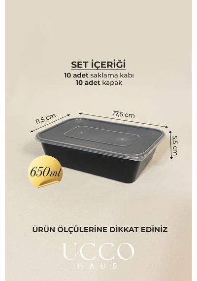 650 Ml Kapaklı Buzluk Mikrodalga Saklama Kabı - 10 Adet - Et, Kıyma, Sebze, Meyve Buzluk Buzdolabı Organizeri Siyah
