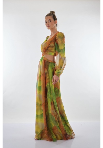 Explosion V Yaka Uzun Kol Maxi Şifon Elbise - Bohemian Stil Fıstık Yeşili