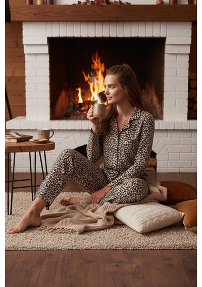 Lela Desenli Beli Lastikli Gömlek Yaka Dokuma Bayan Pijama Takımı 6095660W4 Leopar