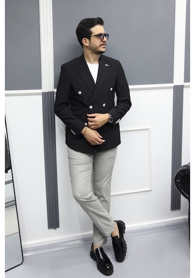 Avni Ceylan Verde Dokulu Gofre Kumaş İtalyan Stil Slim Fit Kruvaze Erkek Ceket Siyah