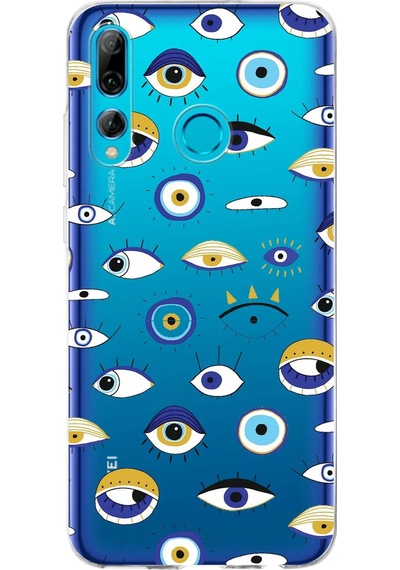 Huawei P Smart Plus 2019 İle Uyumlu 1mm Slim Fit Nazar Boncuğu 2 Baskılı Şeffaf Kılıf Şeffaf