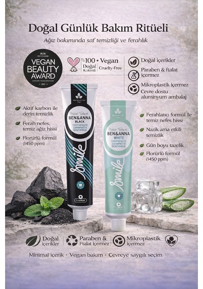 Ben & Anna Aktif Karbon + White Fresh Diş Macunu 2 Li Set Vegan, Doğal, 75 Ml Diş Minesi Bakımı