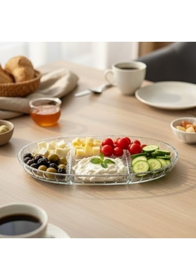 Şık Tasarımlı 3 Bölmeli Cam Kahvaltılık 27x15 Cm Dayanıklı Servis Tabağı, Çok Bölmeli Sunum Kabı, Çiz Diğer