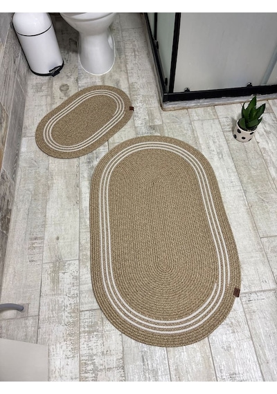 Jüt Hasır 2li Banyo Paspas Takımı-bej Ortası Aralıklı Beyaz Bej
