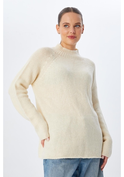 Mixray 6849 Kadın Dikişsiz Dik Yaka Triko Kazak Naturel