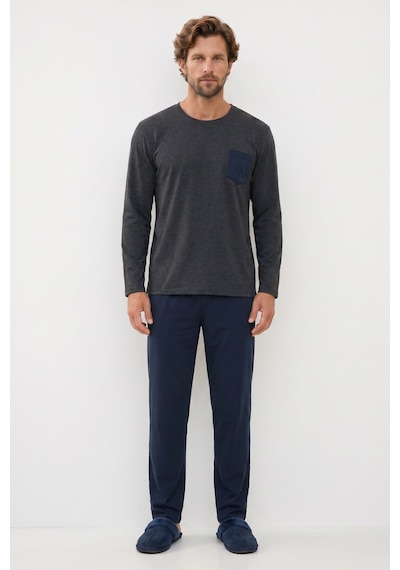 Tudors Erkek Standart Fit Rahat Kesim Uzun Kollu Pamuklu Gri Lacivert Pijama Takımı-51177
