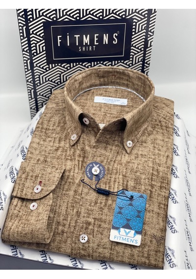 Slim Fit Uzun Kol Müslin Dijital Baskılı Hediye Kutulu Erkek Gömlek Fs-004599 - Kahverengi-3363