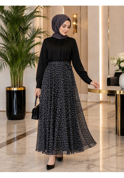 Esra Butik78 Siyah & Kahverengi Puantiyeli Astarlı Şifon Etek Kendi Kumaşından Kuşaklı, 95 Cm Esra Butik78 Siyah & Kahverengi Puantiyeli Astarlı Şifon Etek Kendi Kumaşından Kuşaklı, 95 Cm