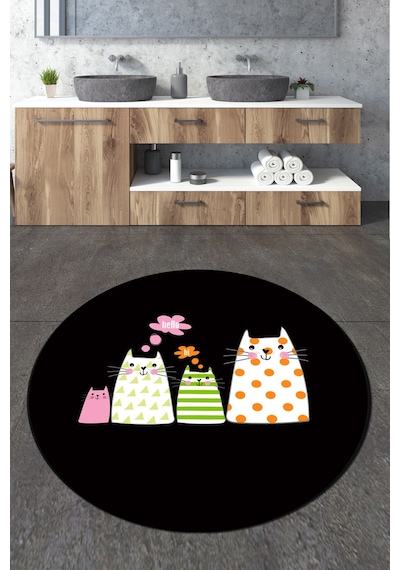 Four Cats Çap Banyo Halısı Djt 100x100 cm, Banyo Halısı , Banyo paspası yıkanabilir Çok Renkli