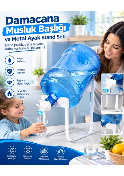Mucit Home Damacana Musluk Başlığı Ve Metal Ayak Stand Seti Beyaz