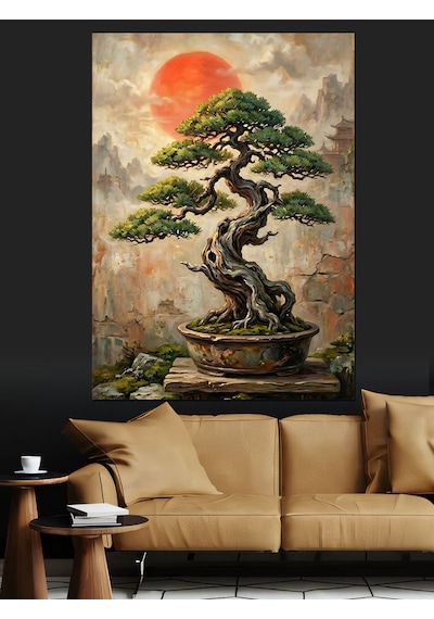 Saksıda Budanmış Küçük Bonsai Ağacı Dekoratif Kanvas - Mdf Ahşap Tablo