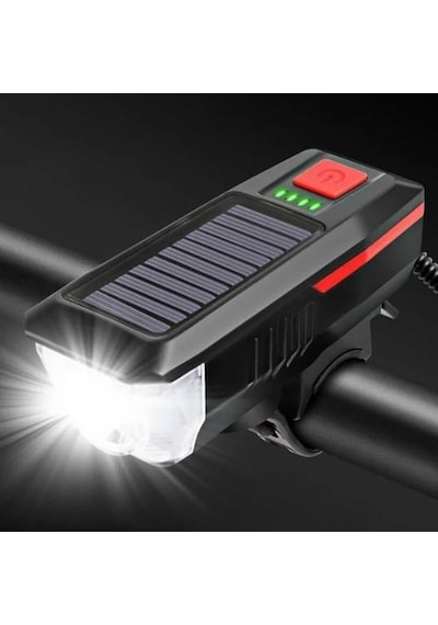 Güneş Enerjili Usb Şarjlı Bisiklet Lambası Solar Fener Ön Far Işık Aydınlatma Kornalı Kırmızı