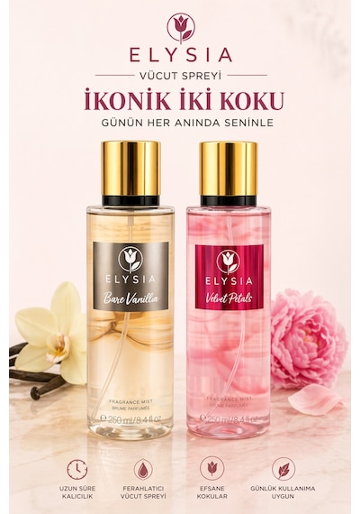 Elysıa Bare Vanilla & Velvet Petals 2 Li Set Kadın Vücut Spreyi 250 Ml X2 Kalıcı Ferah Parfüm Mist