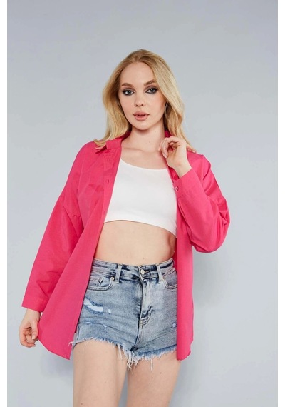 Meecy Kadın Koyu Pembe Oversize Uzun Basic Gömlek Koyu Pembe Koyu Pembe