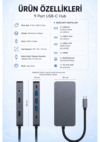 Justlink 9 Port Usb-c Hub Type-c Çoklayıcı Adaptör Çift Hdmı 4k 30hz Rj45 Gigabit Ethernet Pd 100w 3x Usb 3.0 Usb-c Veri 3.5mm Aux Alüminyum Gövde
