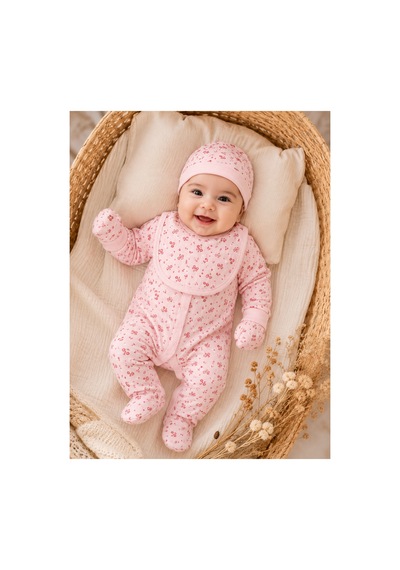 Omeca Concept 5'li Bebek Giyim Seti Kiraz Desenli Pembe Tulum, Body, Şapka, Önlük Ve Eldiven