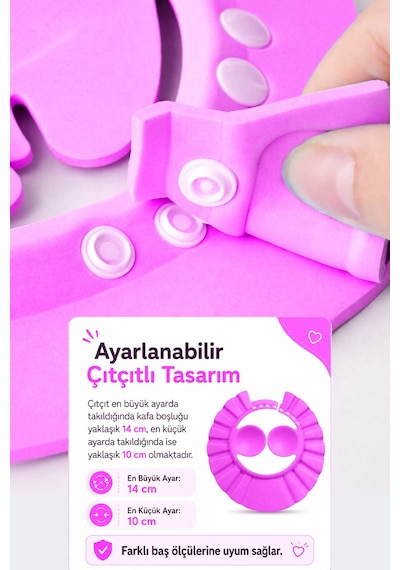 Ayarlanabilir Bebek Banyo Şapkası Yenidoğan Duş Bonesi Göz Kulak Koruyucu 28 CM Pembe