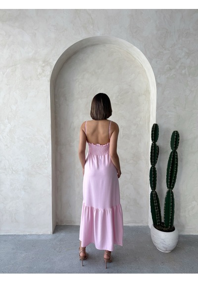 Verymoda Keten Görünümlü Askılı V Yaka Boydan Elbise I D2328 D2328 Pembe