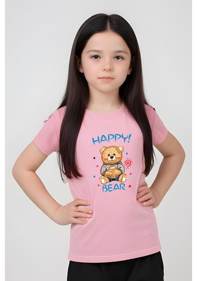 Fyk Kids Kiz Çocuk Baskili Happy Bear Bel Detayi Lasti Kli Alt-üst Pi Jama Takimi Pembe