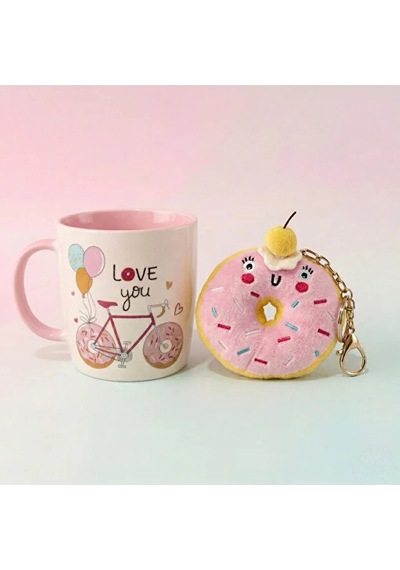 Donut Peluş Anahtarlıklı Kupa 360 Ml Pembe3