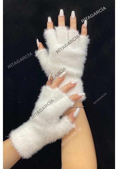 Peluş Kesik Parmak Eldiven Beyaz1