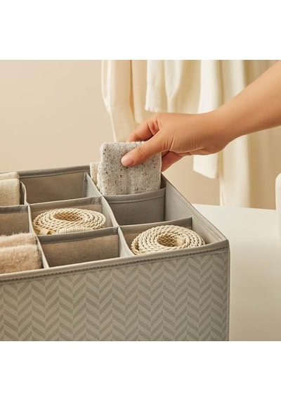 Ocean Home Textile 9 Bölmeli Petek Gri Balıksırtı Çekmece İçi Düzenleyici Kutu 28 X 28 X 13 Cm Açık Bej