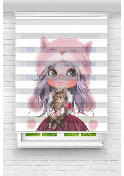 Perdecizade Enxboy Kedi Kız Dijital Baskılı Zebra Perde-cocuk Odası-stor Perde Renkli
