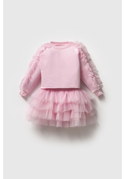 Magu Pembe Pamuklu Fırfırlı Sweatshirt Tüllü Etek Alt-üst Takım Kız Çocuk Pembe