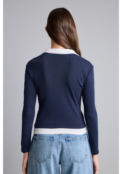 Defacto Slim Fit Kontrast Polo Yaka Ribana Uzun Kollu Basic Tişört I2637ax26aunv245 Lacivert-nv245