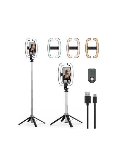 Exenar - Siyah - Monopod Tripod Led Işık Selfie Kumandalı Tripod 138cm Canlı Yayın Telefon Tutcusu
