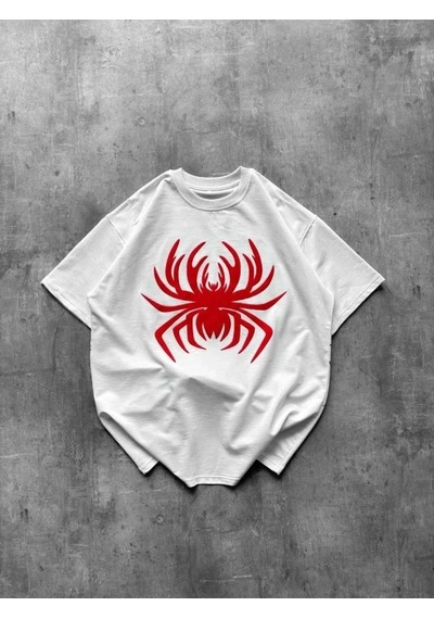 Defymoda Örümcek Baskılı Tişört Kısa Kollu Bisiklet Yaka T-shirt - Beyaz