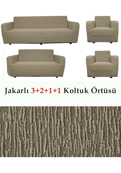 StarMall Jakarlı Çubuk, Düz Desen 3 2 1 1 Lastikli Koltuk, Kanepe, Çekyat Örtüsü, Kılıfı Esnekli Vizon