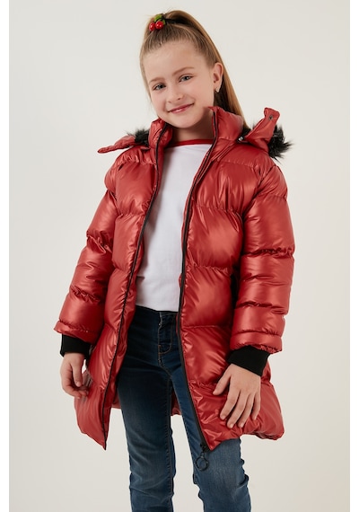 Lela Peluş Astarlı Yakası Suni Kürklü Çıkarılabilir Kapüşonlu Kışlık Kız Çocuk Mont 5761908 Kırmızı