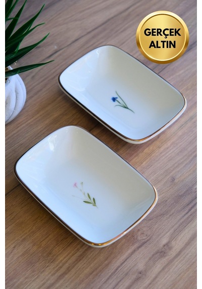 Tabak Evi Porselen Natura Karma Altın Yaldızlı Dikdörtgen Kayık Tabak 14x9,8cm 2 Parça Çok Renkli