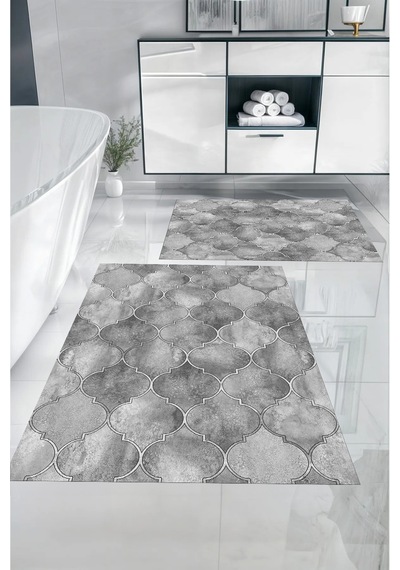 Buççin Online Mağaza Dijital Baskılı Yıkanabilir Kaymaz Taban Kupa Desenli Banyo Paspası Klozet Takımı Polyester Gri Çok Renkli