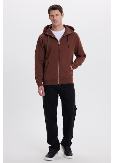Tudors Unisex Relax Fit Rahat Kesim Pamuklu İçi Polarlı Çift Cepli Tam Fermuarlı Kahverengi Kapüşonlu Sweatshirt-41654 Kahverengi