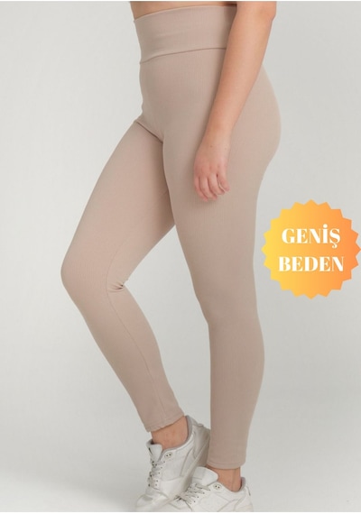 Banega Curve Büyük Beden Fitilli Yüksek Bel Toparlayıcı Krem Tayt Krem
