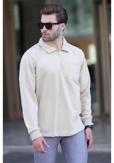 Madmext Bej Polo Yaka Fermuarlı Uzun Kollu Erkek Sweatshirt 7057 Ekru