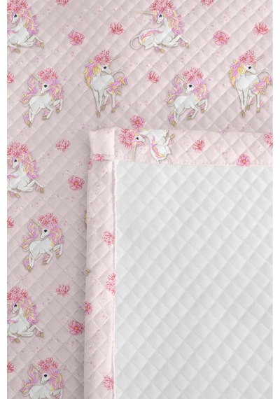 Evimde Bambaşka Unicorn Pastel Pembe Kız Çocuk Dekoratif Pike Takımı-çiçekli Lila Bebek Odası Yatak Örtüsü-160x220 CM