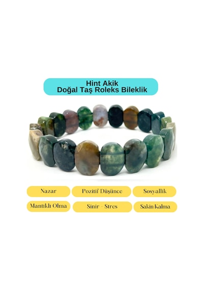 Sertifikalı Hint Akik Doğal Taş Roleks Bileklik Yeşil