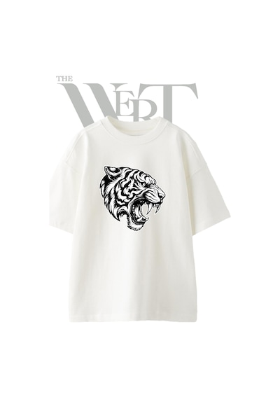 Thewert Roaring Tiger Tasarım Baskılı Ünisex Beyaz Oversize T-shirt