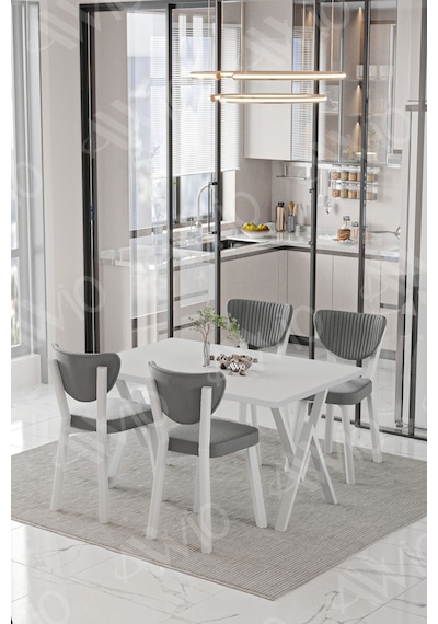 Avvio Lionel Beyaz Elma Sandalye 80x120 Yemek Masası Mutfak Masası 4 Kişilik Masa Sandalye Takımı Beyaz